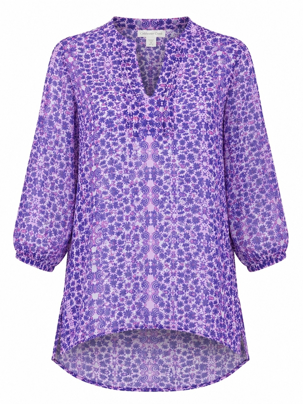 COLDWATER CREEK | Semi Sheer Print Pintuck Popover Purple Blouse Boho | M 10 12